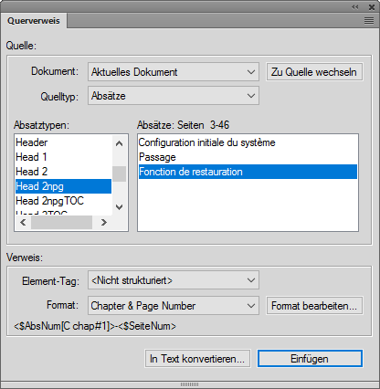 Einfügen eines Querverweises mit dem Dialogfeld „Querverweise“