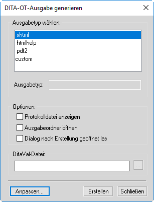 Dialogfeld „DITA-OT-Ausgabe generieren“ in FrameMaker