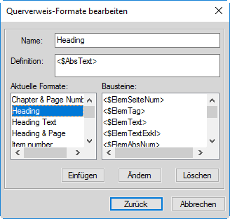 Dialogfeld „Querverweis-Formate bearbeiten“ in FrameMaker