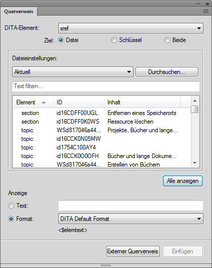 Dialogfeld „Querverweis einfügen“ in FrameMaker