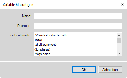 Dialogfeld „Variablen hinzufügen“ in FrameMaker
