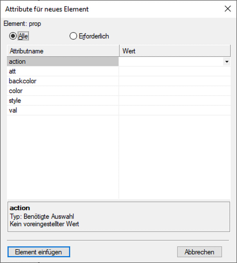 Dialogfeld „Attribute für neues Element“ im Pod „Elementkatalog“
