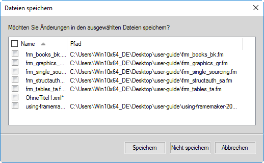 Dialogfeld „Dateien speichern“ in FrameMaker