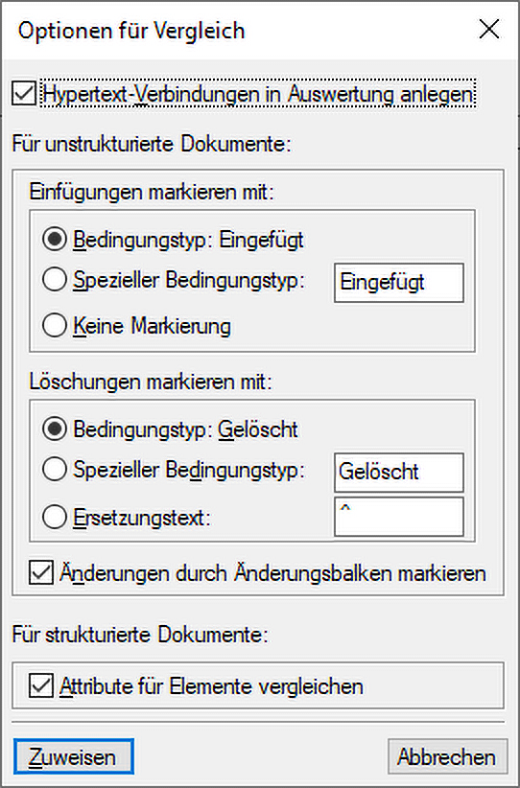 Dialogfeld „Vergleichsoptionen“ in FrameMaker