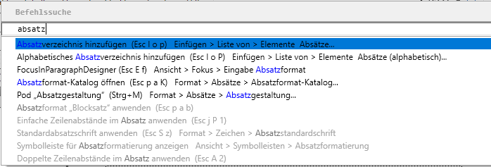 Beispiel für eine Befehlssuche: Suche nach „Absatz“