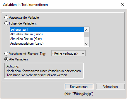 Dialogfeld „Variablen in Text konvertieren“ FrameMaker