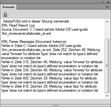 FrameMaker-Fehlerkonsole zeigt strukturelle und andere Probleme in einem Dokument