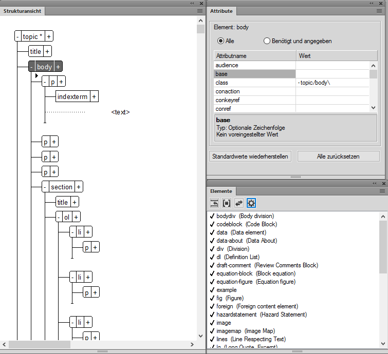 Strukturierte Ansicht, Elemente und Attribute-Pods in der Oberfläche für strukturiertes FrameMaker-Authoring