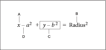 FrameMath-Elemente in einer Gleichung mit alphanumerischem Zeichen, Textzeichenfolge, Ausdruck und Operator