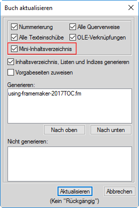 Aktualisieren von Mini-Inhaltsverzeichnis aus dem Dialogfeld „Buch aktualisieren“ in FrameMaker