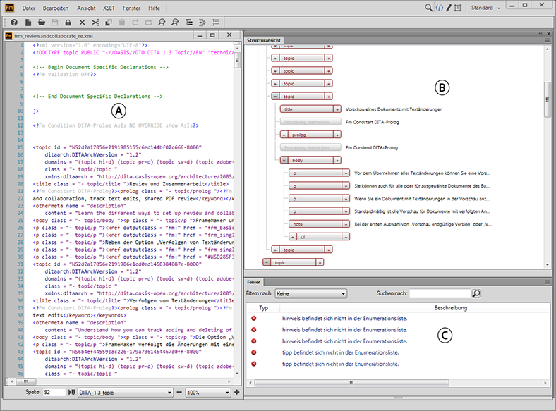 XML-Ansicht in der Oberfläche für strukturiertes FrameMaker-Authoring