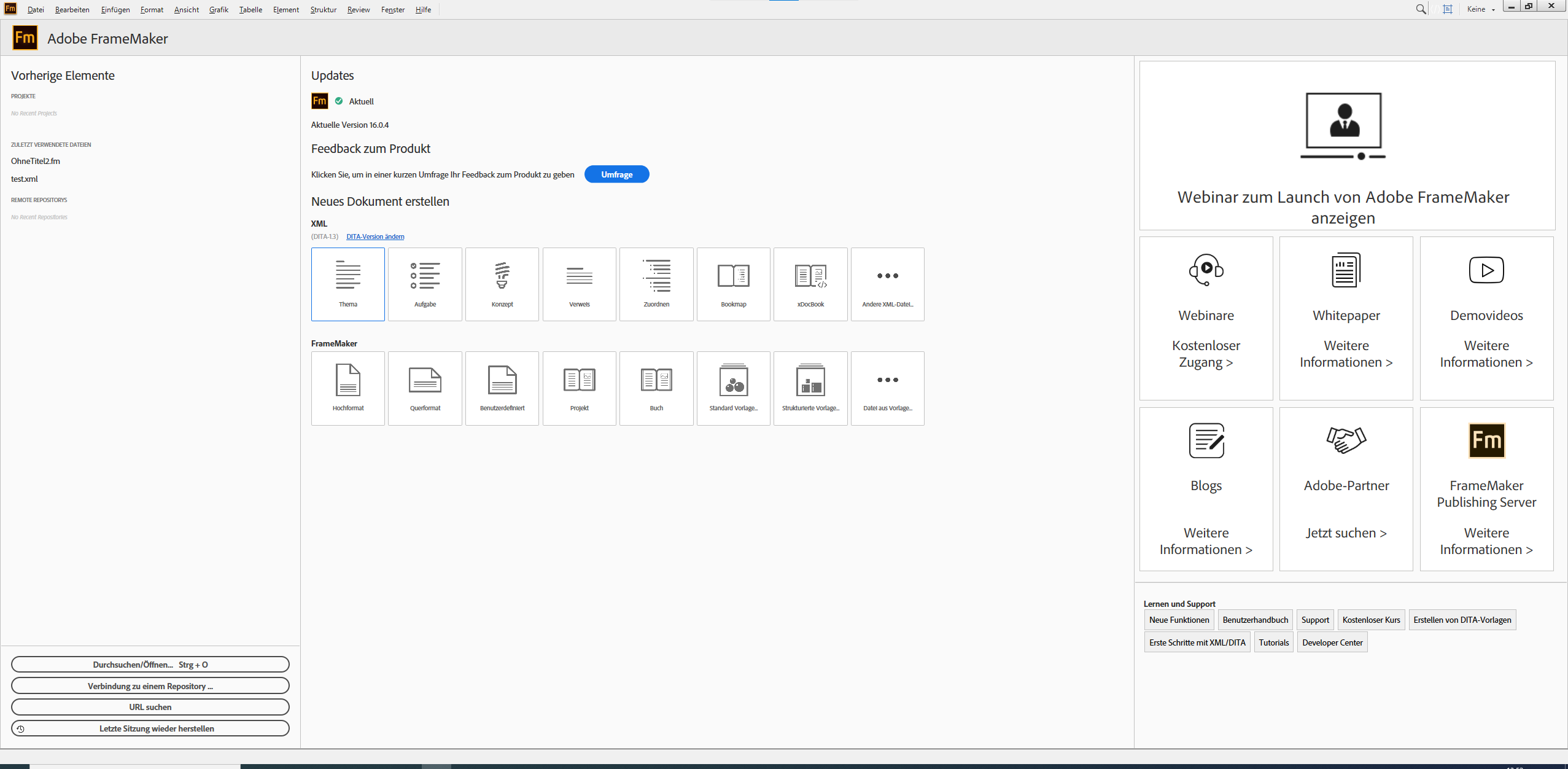 Begrüßungsbildschirm im strukturierten FrameMaker-Authoring-Modus