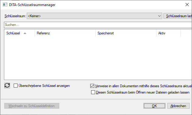 Schlüsselraum verwalten mit dem Dialogfeld „DITA-Schlüsselraummanager“