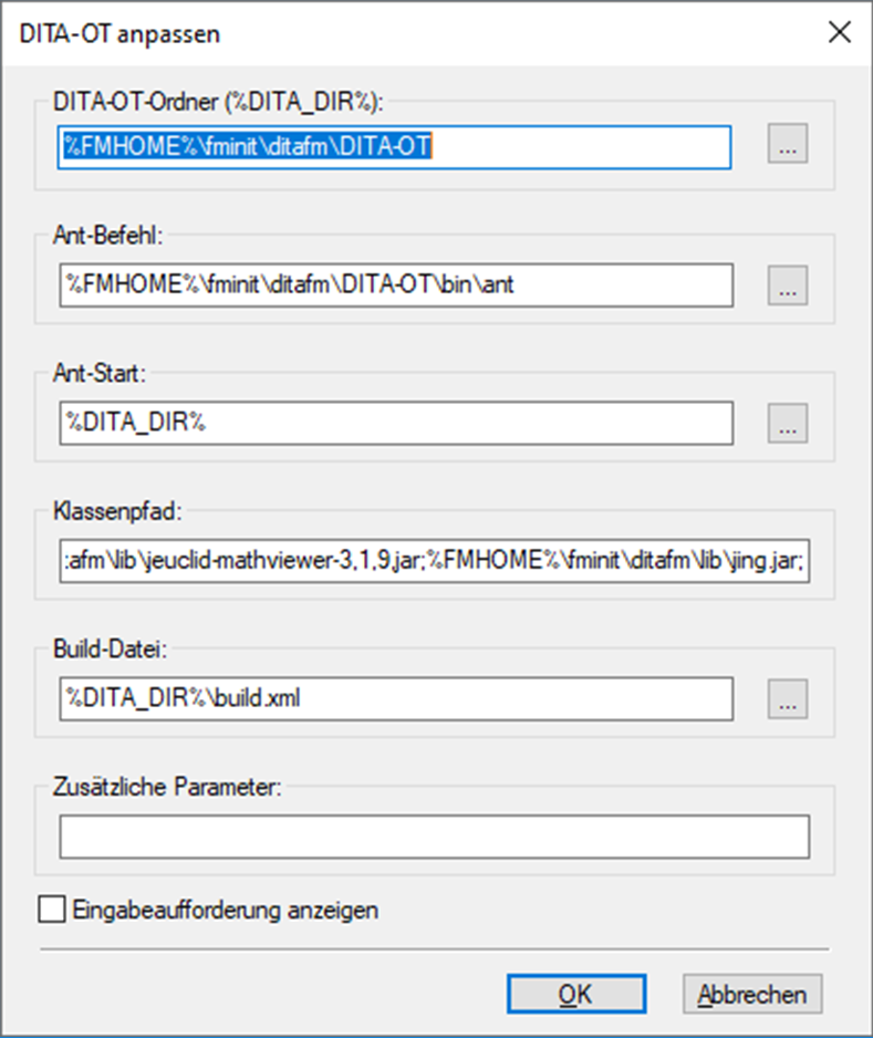 Dialogfeld „DITA-OT anpassen“ in FrameMaker