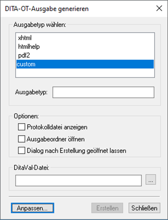Dialogfeld „DITA-OT-Ausgabe generieren“ in FrameMaker