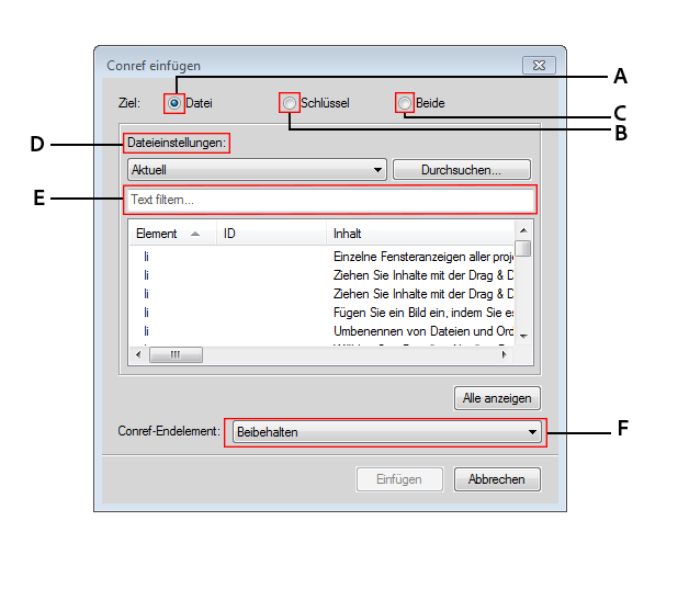Verwenden des Dialogfelds „DITA-Conref“ zum Hinzufügen direkter und indirekter Conrefs zu DITA-Inhalten