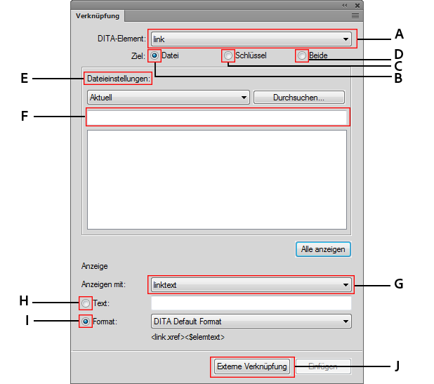 Verwenden des Dialogfelds „DITA-Verknüpfung“ zum Einfügen von direkten oder indirekten Verknüpfungen zu DITA-Inhalten