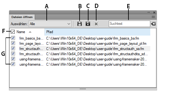 Fenster „Offene Dateien“ in FrameMaker
