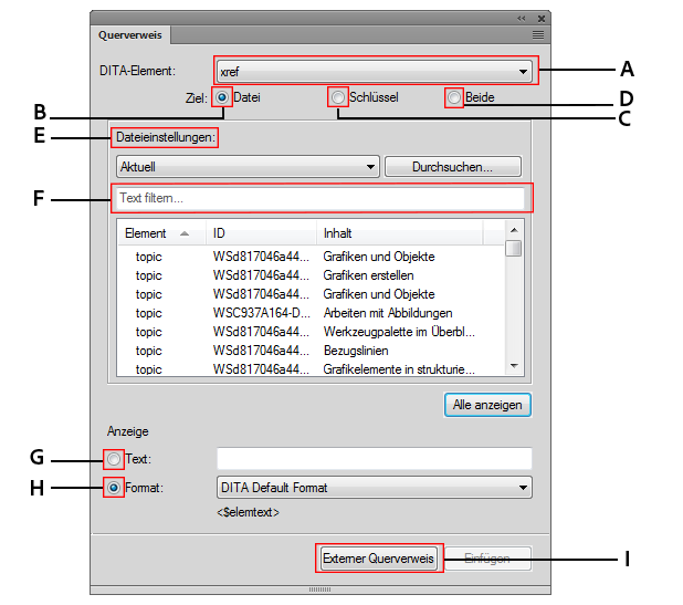 Verwenden des Dialogfelds „DITA-Querverweis“ zum Hinzufügen von direkten und indirekten Querverweisen zu DITA-Inhalten