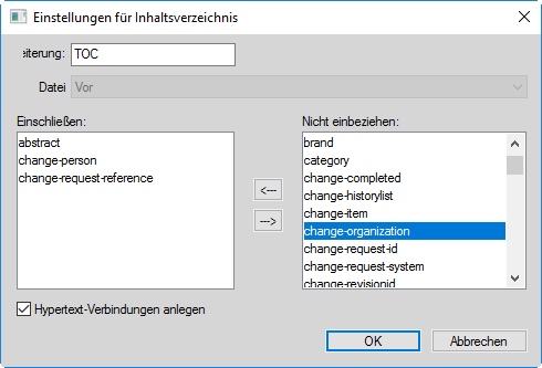 Dialogfeld „Inhaltsverzeichnis festlegen“ in FrameMaker