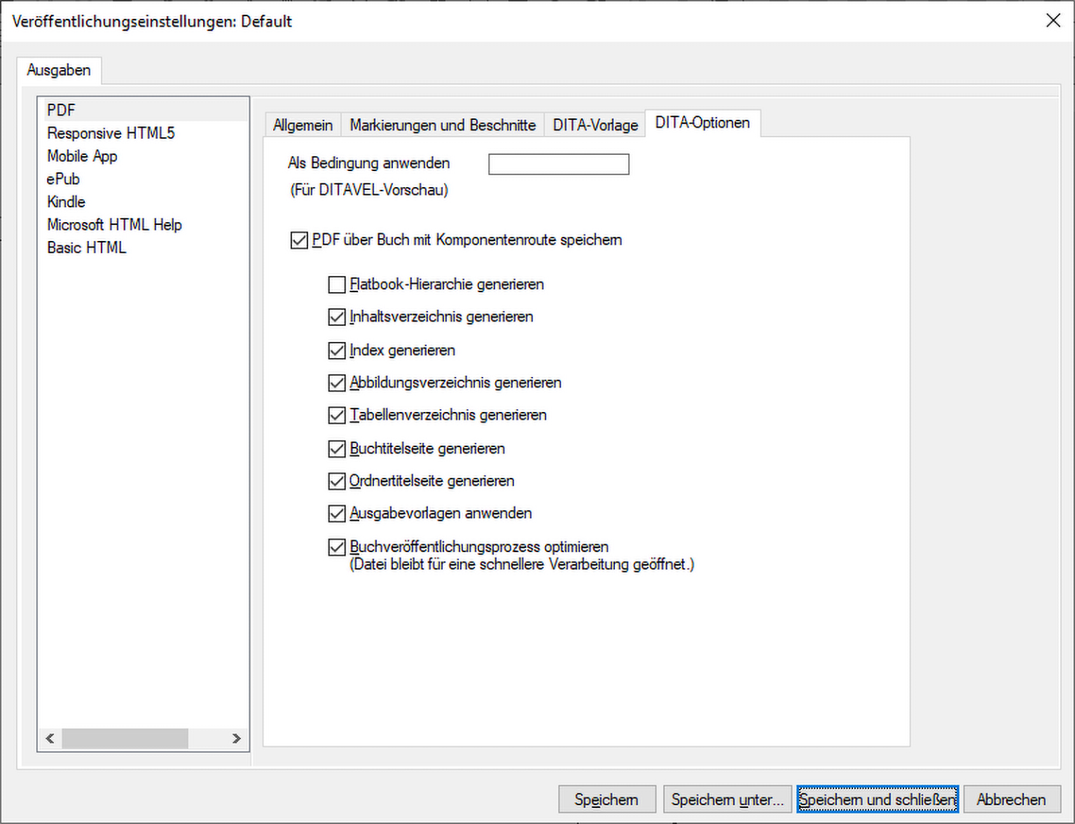 Registerkarte „DITA-Optionen“ im Dialogfeld „PDF-Ausgabeoptionen“