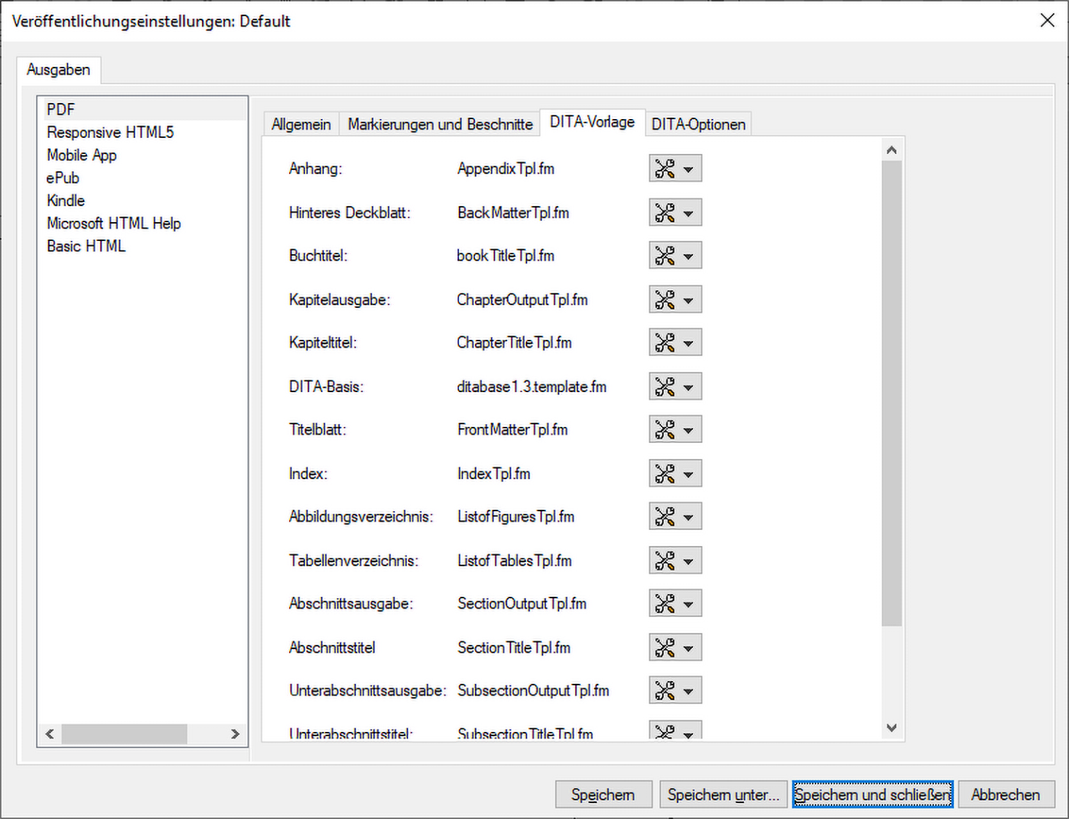 DITA TemplatetabinPDFOutputOptions dialog of Adobe FrameMaker