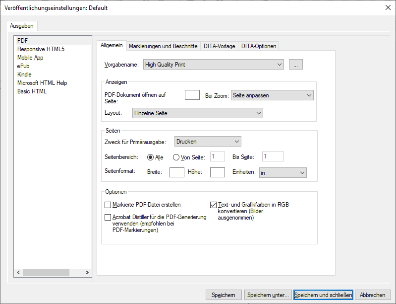 Aktualisieren der allgemeinen Einstellungen im Dialogfeld „PDF-Einrichtung“