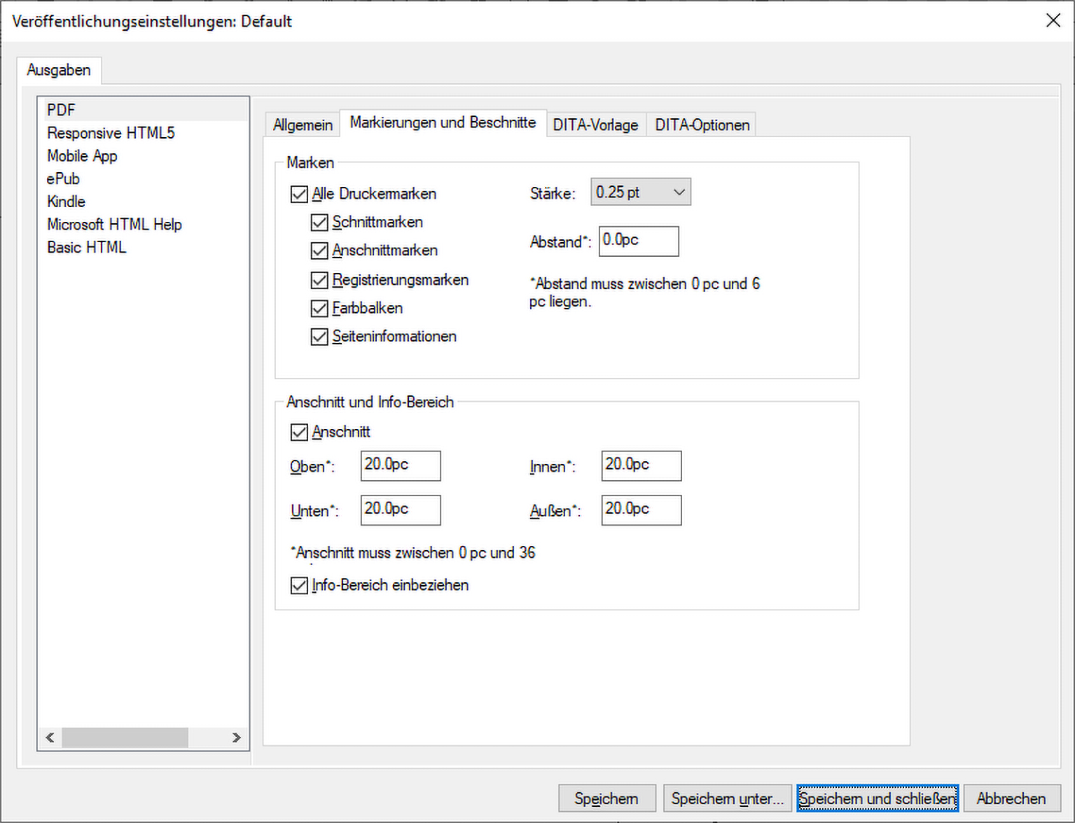 Registerkarte „Marken und Anschnitte“ im Dialogfeld „PDF-Ausgabeoptionen“