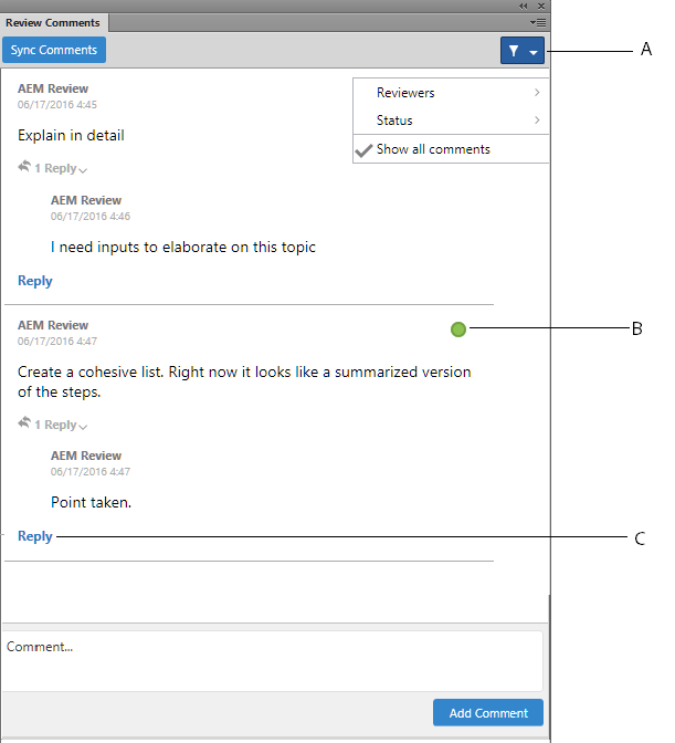 Dialogfeld „Prüfkommentare“ der XML-Dokumentation für Adobe Experience Manager