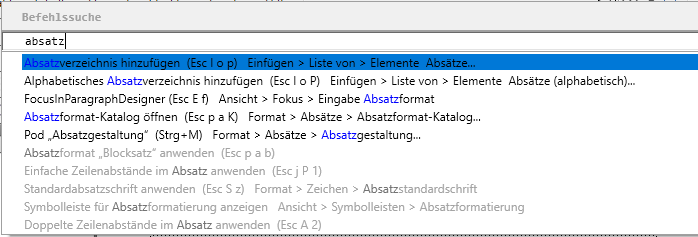 Befehlsuche-Beispiel: Suche nach „Absatz“