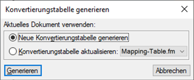 Dialogfeld „Konvertierungstabelle generieren“