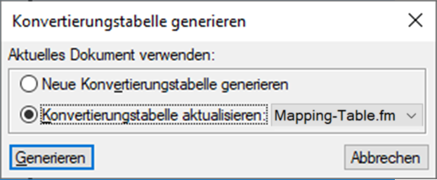 Dialogfeld „Konvertierungstabelle generieren“
