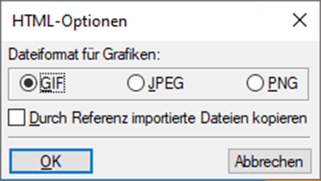 FrameMaker-Dialogfeld mit HTML-Optionen