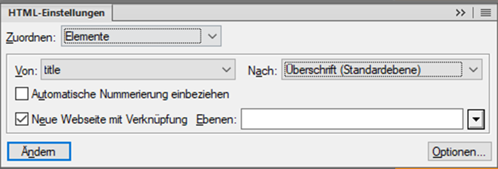 FrameMaker-Dialogfeld „HTML-Einstellungen“