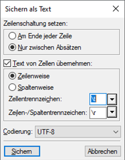 FrameMaker-Dialogfeld „Sichern als Text“