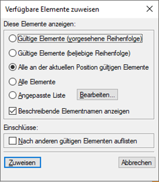 Dialogfeld „Verfügbare Elemente zuweisen“