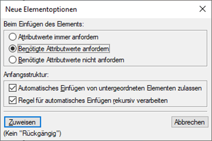 Dialogfeld „Neue Elementoptionen“ in Adobe FrameMaker