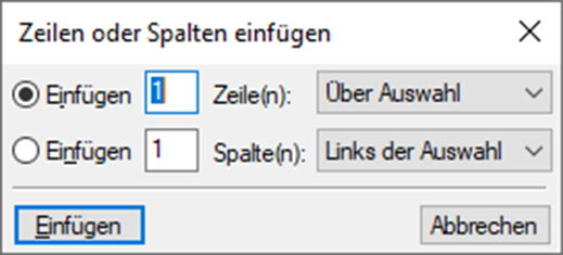 Dialogfeld „Zeilen oder Spalten hinzufügen“