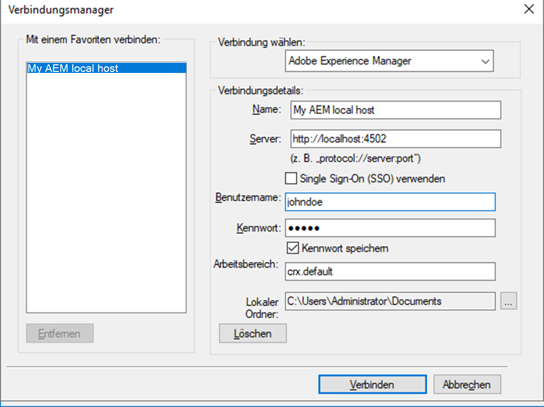 Dialogfeld „Verbindungsmanager“ in FrameMaker