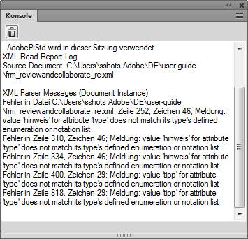 FrameMaker-Fehlerkonsole mit strukturellen und anderen Problemen in einem Dokument