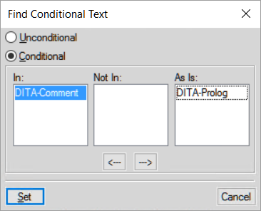 Dialogfeld „Suche nach bedingtem Text“ in FrameMaker