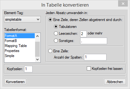 Konvertieren des importierten Texts in eine Tabelle mithilfe des Dialogfelds „In Tabelle konvertieren“