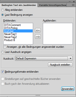 Dialogfeld „Bedingter Text“ in FrameMaker anzeigen/ausblenden