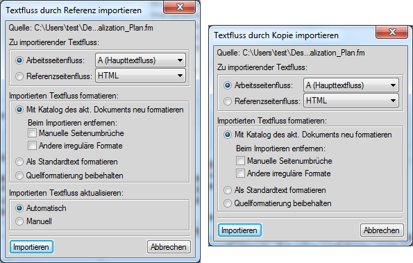 Textfluss nach Referenz importieren und Textfluss nach Kopierdialogen importieren