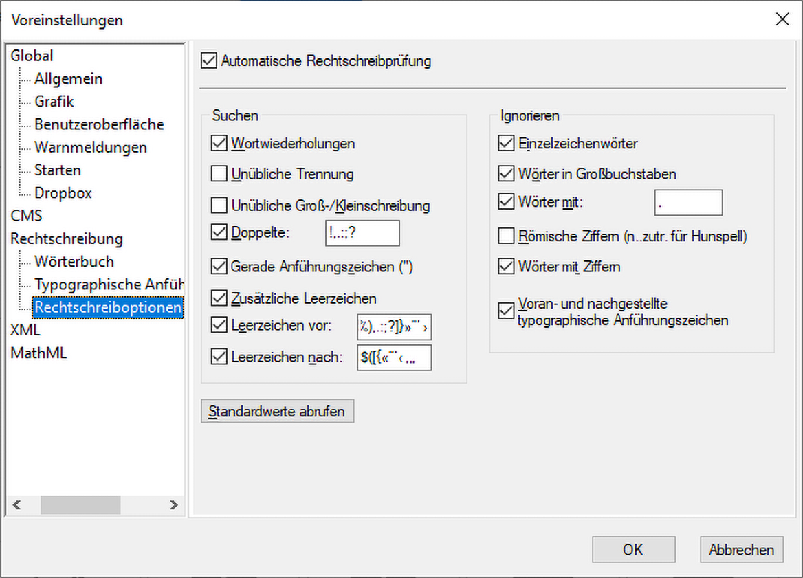 Ändern der Optionen für die Rechtschreibprüfung im Dialogfeld „Voreinstellungen“