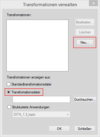 Dialogfeld „Transformation verwalten“ in der XML-Ansicht von FrameMaker