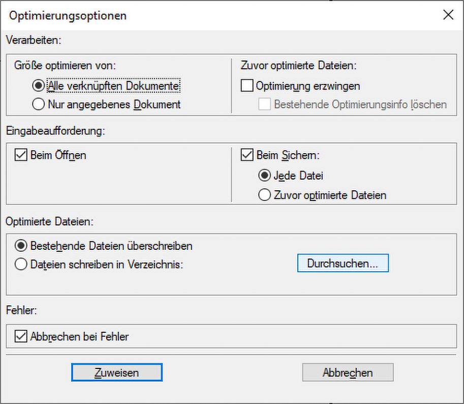 Dialogfeld „Optimierungsoptionen“ in FrameMaker