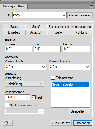 Erstellen und Verwalten von Absatzstilen mithilfe der Absatzgestaltung in Adobe FrameMaker