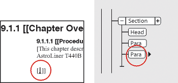 Leere Elementgrenzen in der Dokumentansicht und Rechteck für das neue Element in der Strukturansicht in Adobe FrameMaker