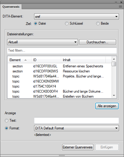 Dialogfeld „Querverweise“ in FrameMaker